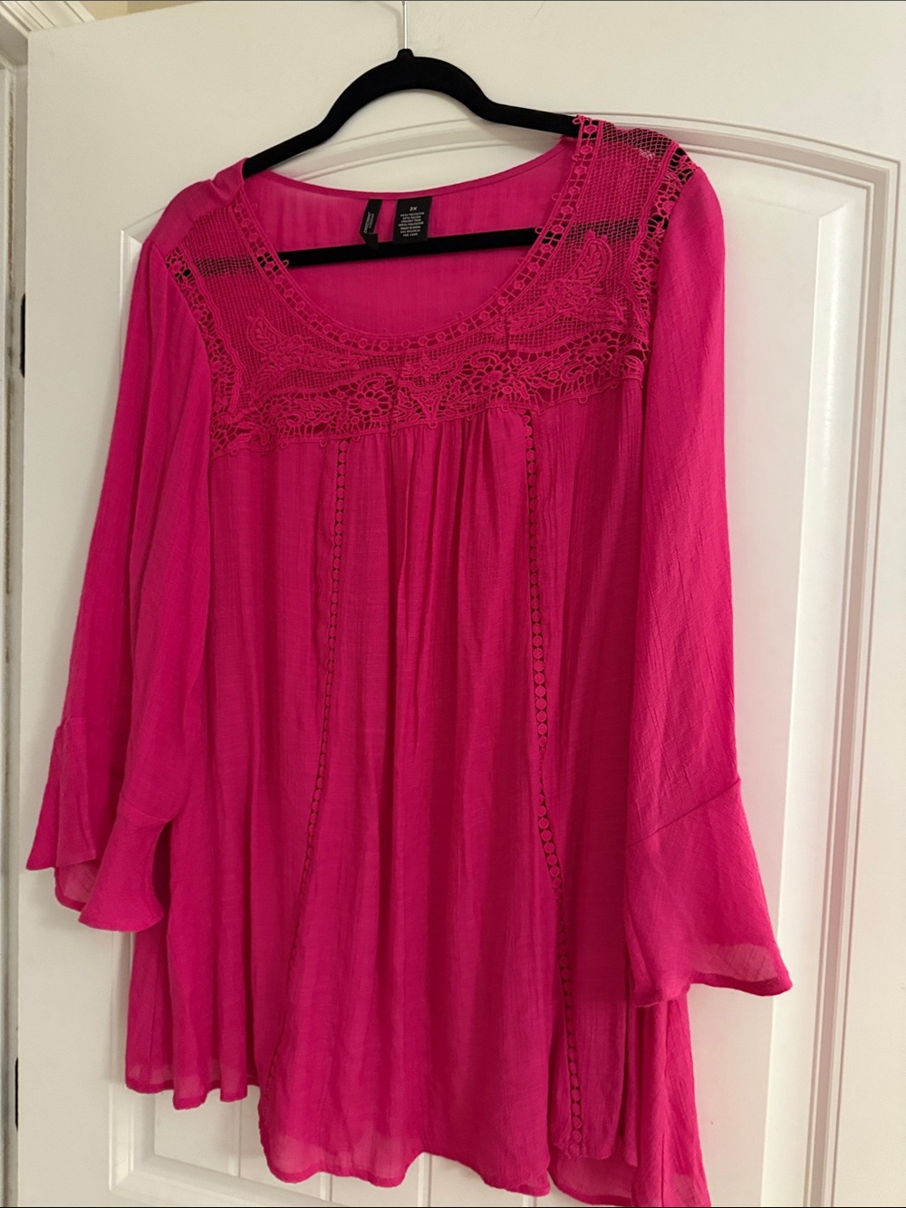 New Directions Hot Pink Crochet Yoke Peasant Top